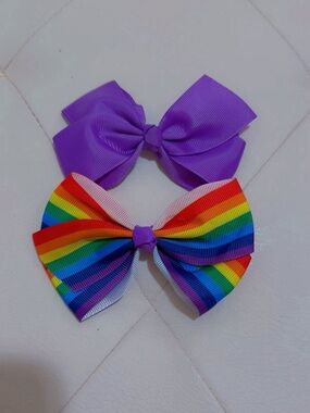 Girls Ribbon Hair Bow Set — Purple and Rainbow Stripe